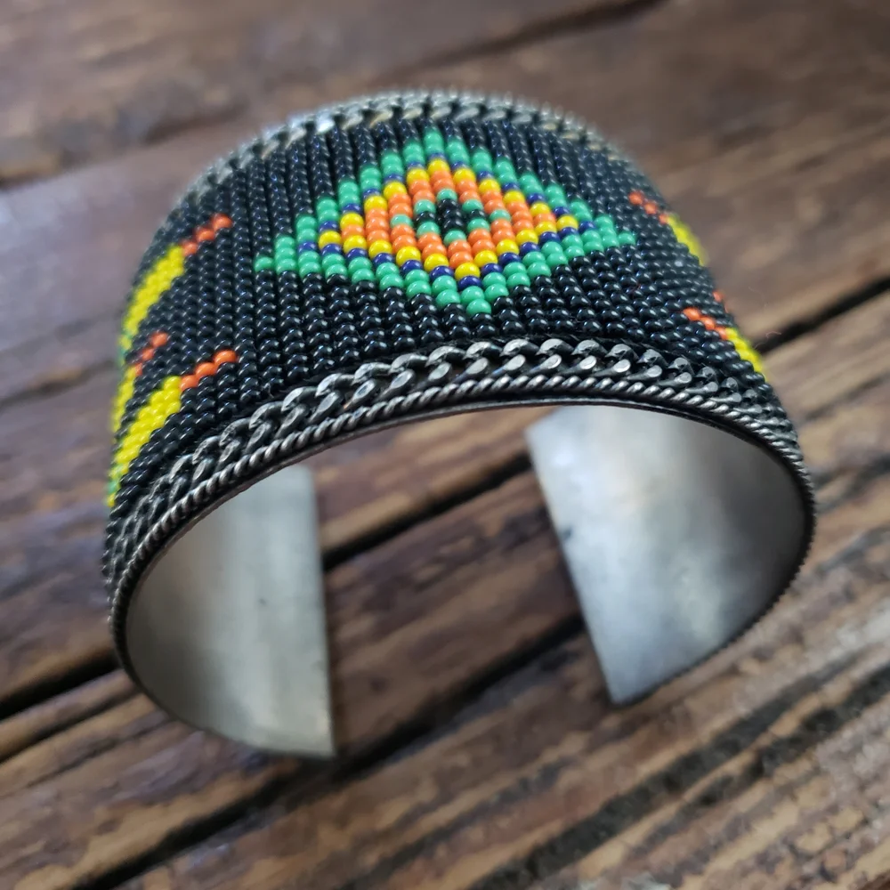 Handcrafted Beaded Cuff Bracelet - Black, Yellow, Green, Orange